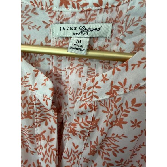 Jachs Girlfriend NY White Brown Floral Blouse Split Neck Pintuck Hem Size M EUC - Picture 3 of 8